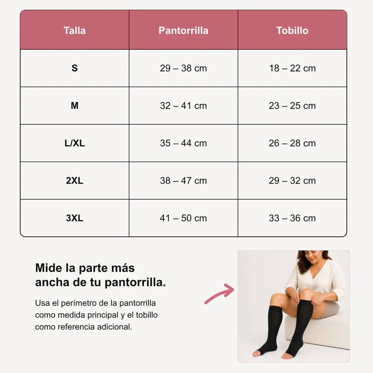 Guía de tallas KIMA para calcetines de compresión de bambú sin punta